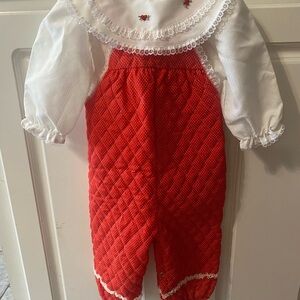 Vtg 70’s Quilted Red Dotted Swiss Baby Romper with Lace Details and blouse 12M